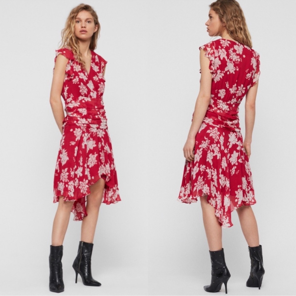 All Saints Red Floral Midi Dress